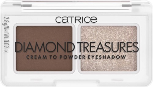 It shows a Catrice eyeshadow palette with two shades: brown matte and shimmery beige.
