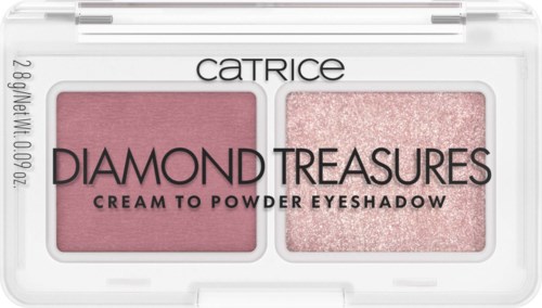 A small makeup palette containing pink blush and glittery pink eyeshadow. Brand name 'Catrice' and product line 'Diamond Treasures' shown.