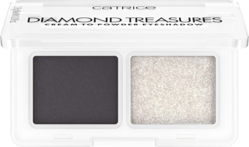 It is a makeup eyeshadow palette with dark gray and shiny silver colors inside.