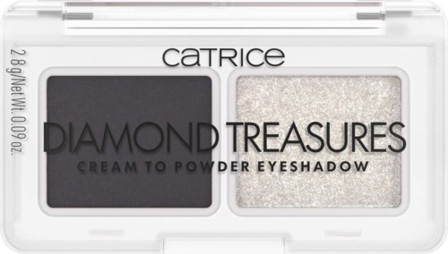 A white eyeshadow palette with two shades: dark gray and glittery silver, labeled 'Diamond Treasures' and 'Cream to Powder' by Catrice.