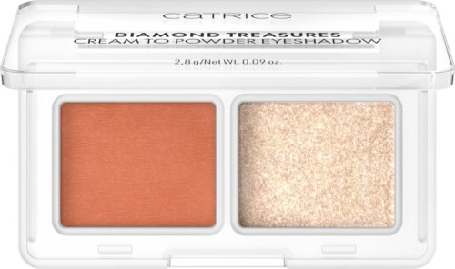 Meikkipalette, jossa on oranssi poskipuna ja säihkyvä highlighter, valkoisessa kotelossa.