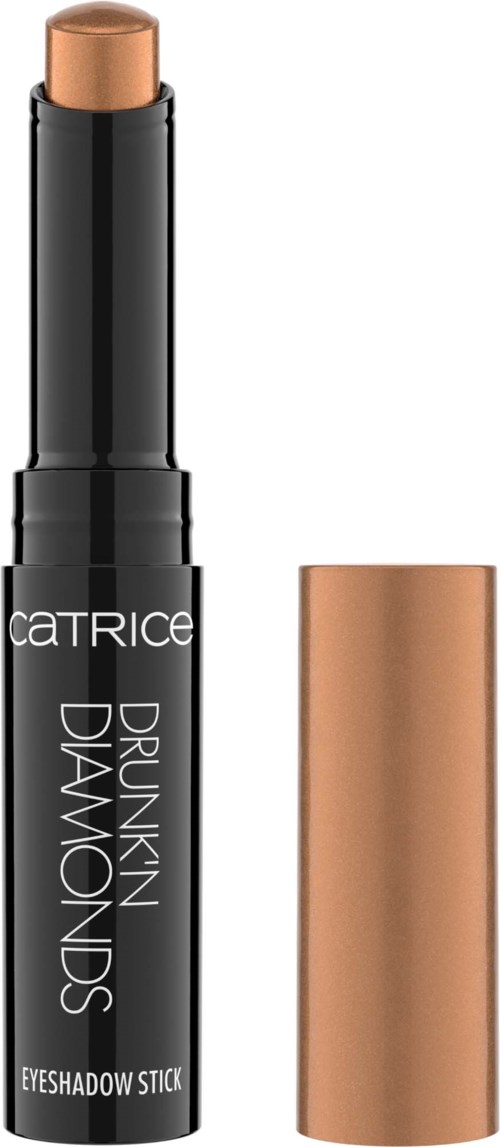 A black eyeshadow stick with a gold cap, labeled 'Catrice Drunken Diamonds' and 'Eyeshadow Stick.'