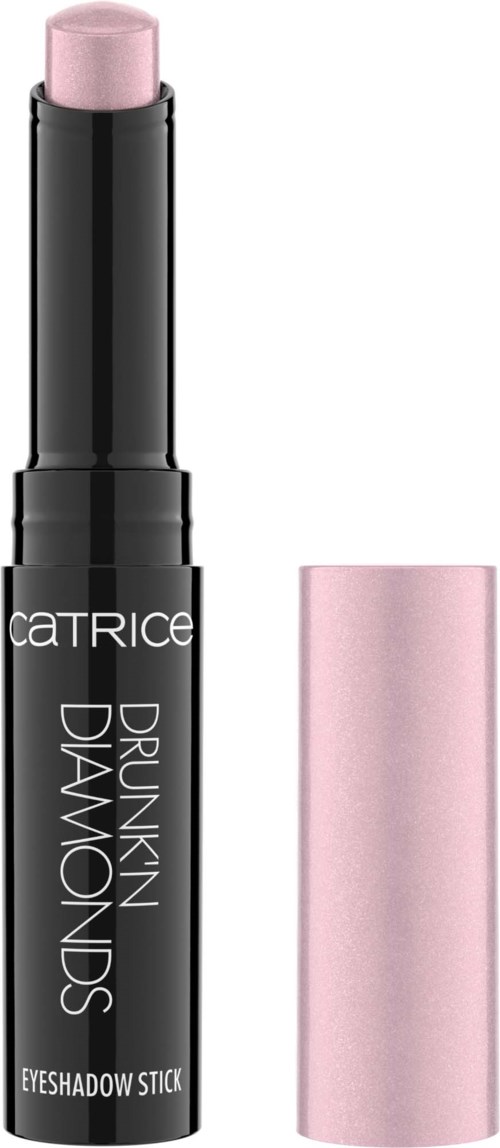 Ein schwarzer Lidschattenstift mit pinker Spitze und pinkem Deckel, beschriftet "Catrice Drunk Diamonds Eyeshadow Stick."