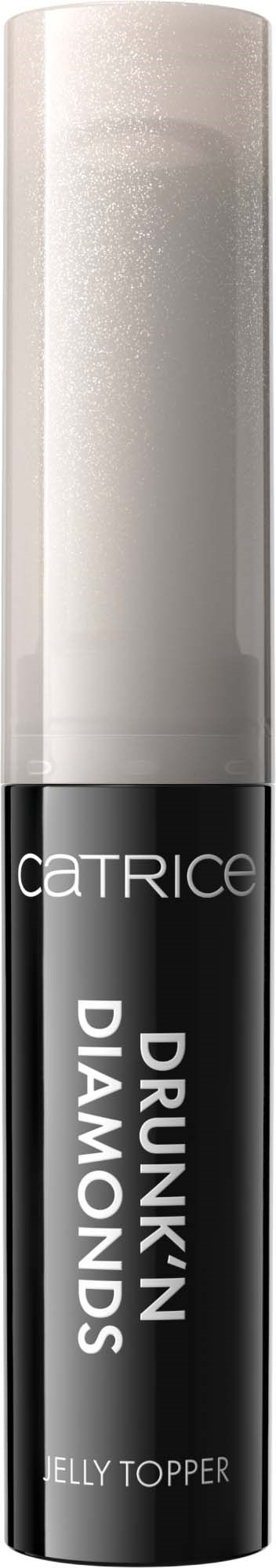 A black and silver lip gloss tube with the words 'Catrice Drunk'n Diamonds Jelly Topper' written on it.