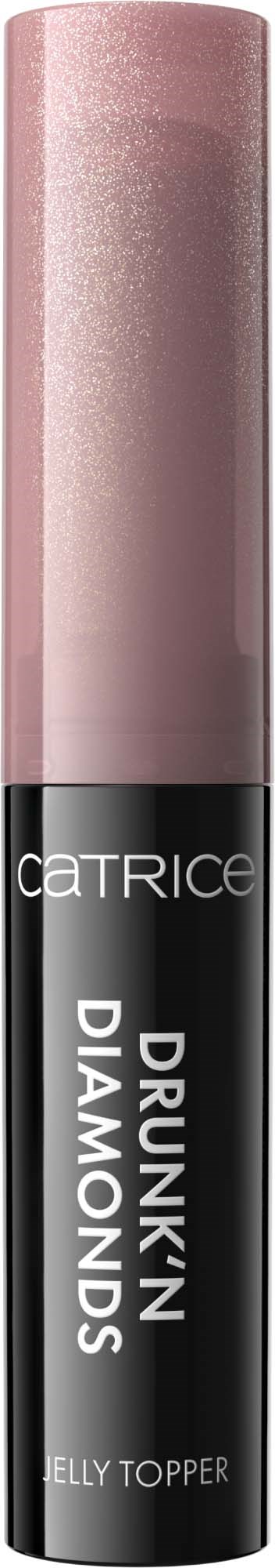 Pink shimmer lipstick tube with black band, labeled "Catrice" and "Drunk'n Diamonds".