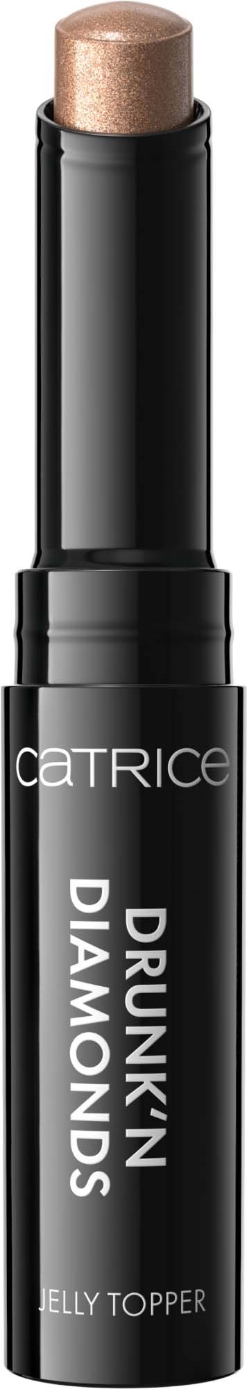 A black lipstick tube with a shiny beige lipstick inside. Brand name Catrice and text Diamond Drunk'n on it.