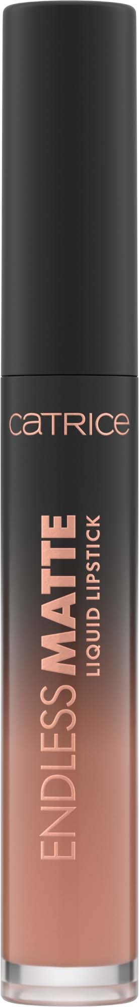 Pitkä, sylinterimäinen huulikiiltopakkaus, jossa musta kansi ja logo 'Catrice' sekä 'Endless Matte'.