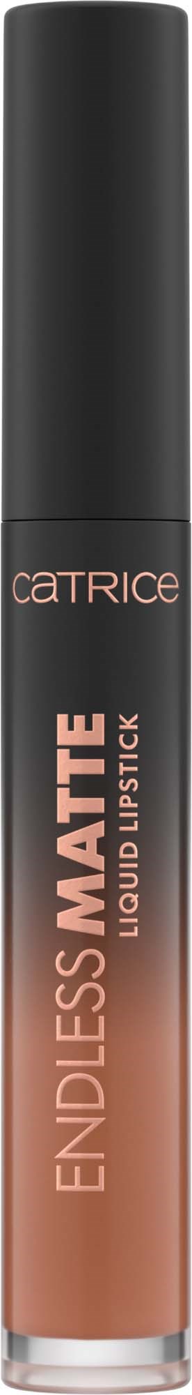 Huulikiiltoputki, jossa musta kansi, merkiltään Catrice Endless Matte Liquid Lipstick nudella sävyssä.