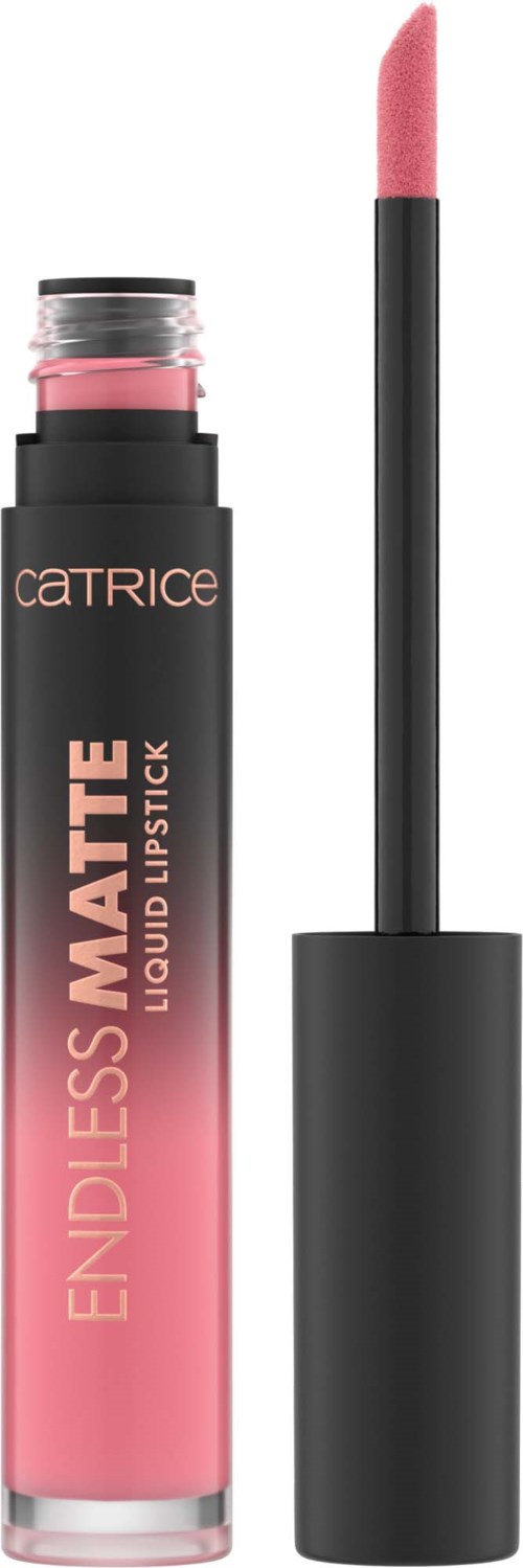 Roze vloeibare lippenstift in doorzichtige buis met zwarte dop en applicator. Merk is Catrice, Endless Matte.