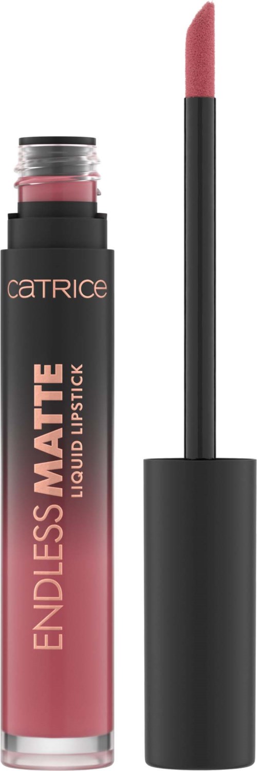Lippenstift-Röhre mit Applikator, rosafarbene Nuance, Markenname "Catrice," und Produktname "Endless Matte."