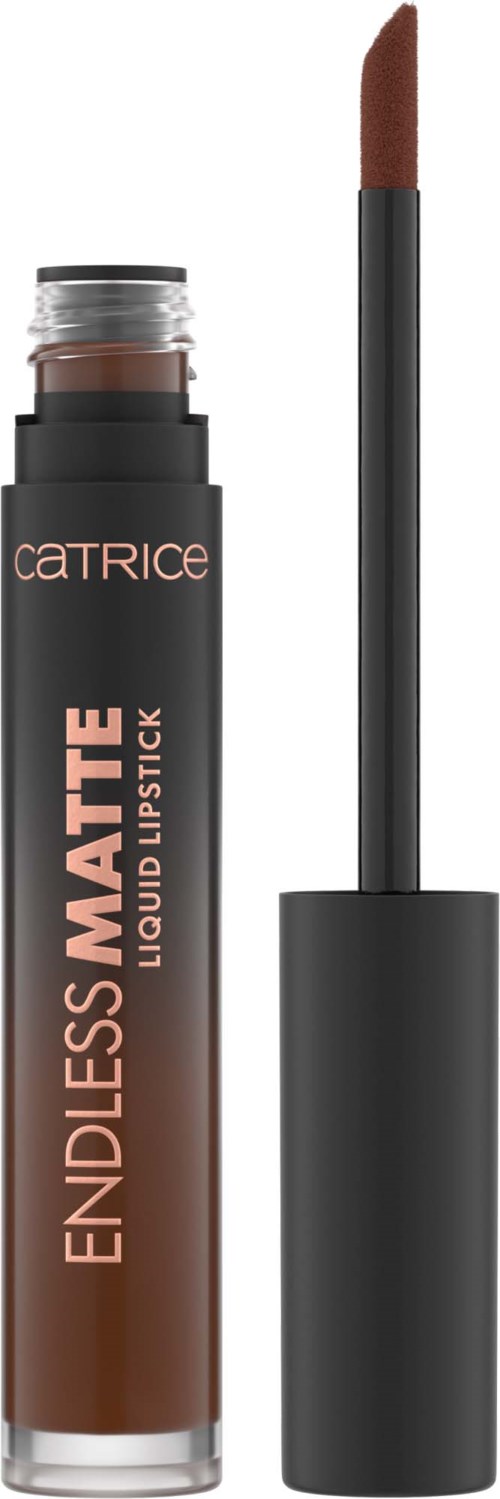 Ruskea nestemäinen huulten väri, jossa on musta korkki ja pitkä aplikaattori. Tekstissä lukee "Catrice" ja "Endless Matte".