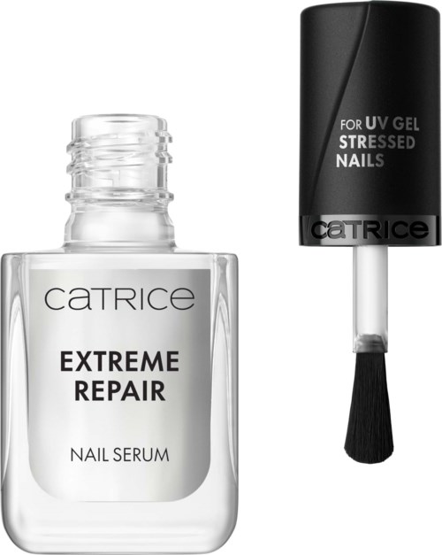 Een heldere nagelserumfles met "Extreme Repair" label naast een zwarte gel topcoat met penseel.