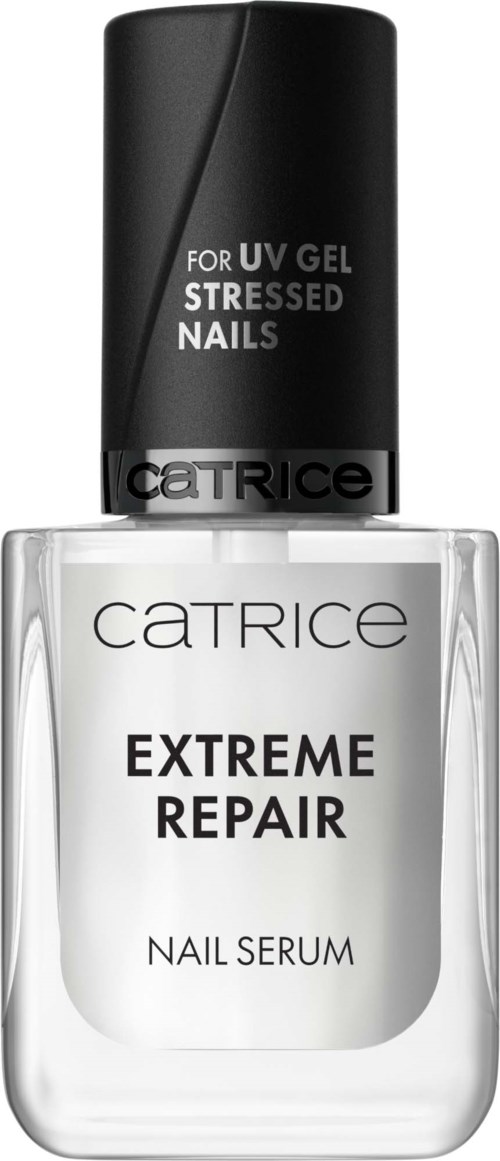 Nagellakfles met label voor UV-gel gestreste nagels en extreme reparatie door Catrice.