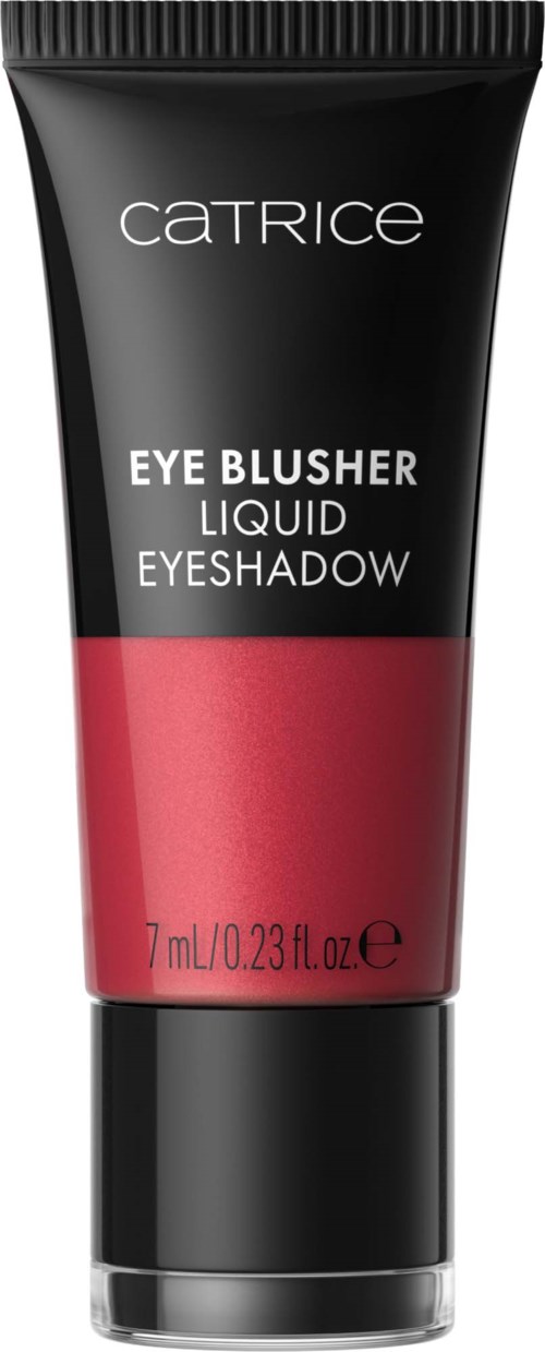 Red liquid eyeshadow in a black tube with a black cap and white text, labeled Catrice Eye Blusher Liquid Eyeshadow.