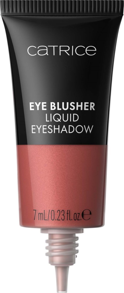 A tube of Catrice liquid eyeshadow in a black and pink package with a pointed applicator tip.