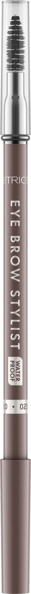 Ein Make-up-Pinsel in Kienform mit klarer Abdeckung, grauem Griff und schwarzen Borsten, beschriftet 'EYE BROW STYLIST'.