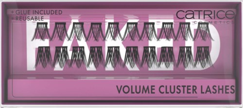 Box of reusable volume cluster eyelashes with glue included, in pink packaging.