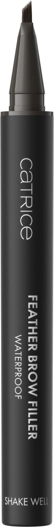 Svart øyenbrynspenn med spiss tupp og hvit merking som sier Catrice Feather Brow Filler Waterproof.