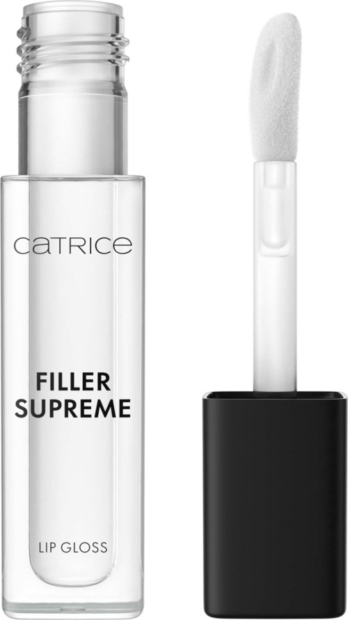 Läpinäkyvä huulikiilto, valkoinen aplikaattori ja musta korkki, nimeltä 'Filler Supreme Lip Gloss' Catrice.