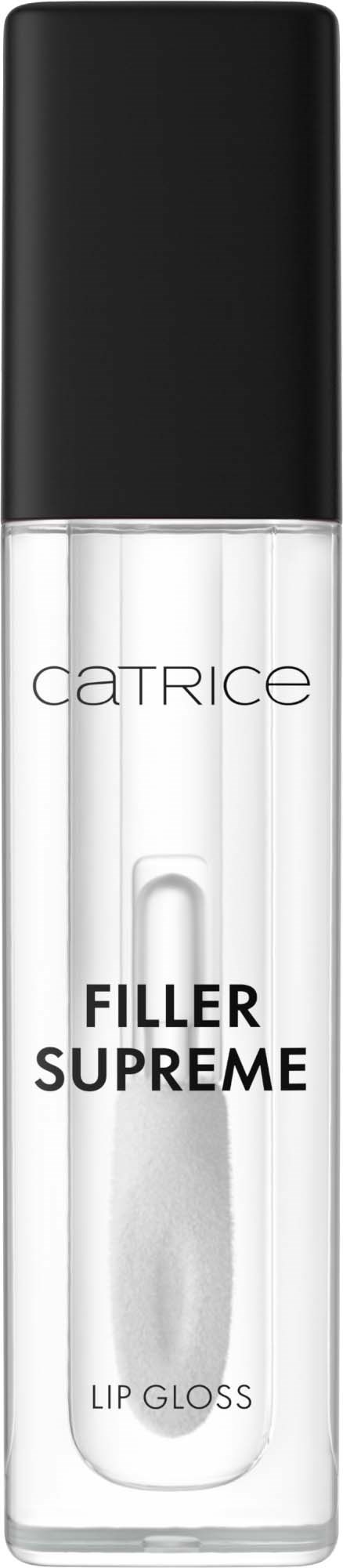 Läpinäkyvä huulikiilto pullo, jossa musta kansi, nimeltä "Filler Supreme," valmistajalta Catrice.