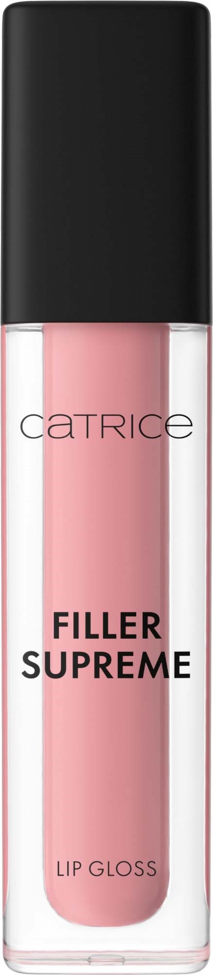 Huulten kiiltoputkilon, jossa on musta korkki, pinkki neste ja tekstit "Filler Supreme" ja "Lip Gloss".
