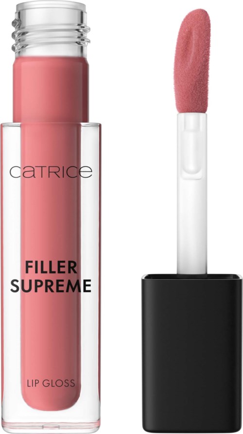 Vaaleanpunainen huulikiiltoputeli ja suti, jossa lukee 'Catrice Filler Supreme Lip Gloss.'