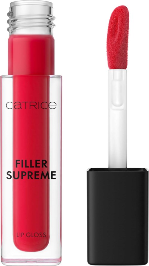 Lippen gloss in een doorzichtige fles, met een witte en rode applicator.