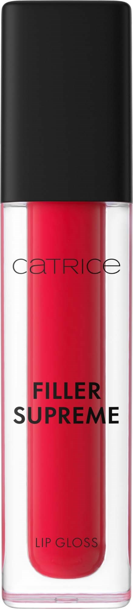 Lipgloss in doorzichtige tube met zwarte dop, labeled 'Filler Supreme' en 'Catrice'.