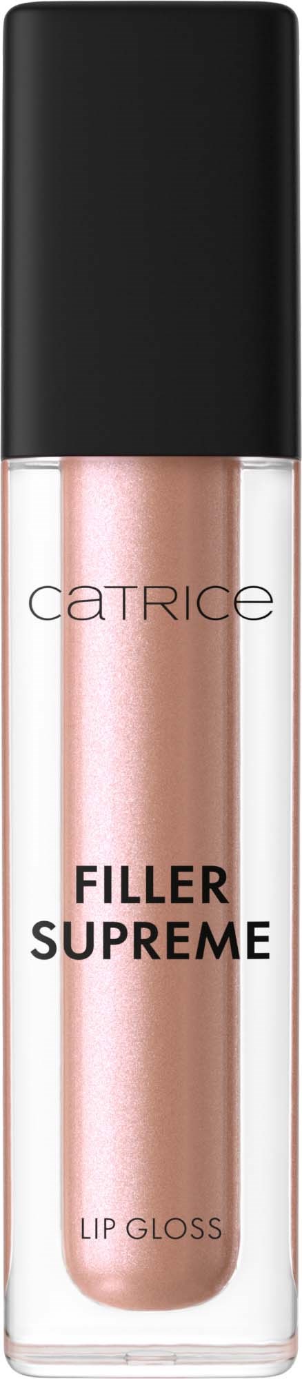 Huulikiiltoastian mustalla kannella, merkintä "Catrice Filler Supreme Lip Gloss."