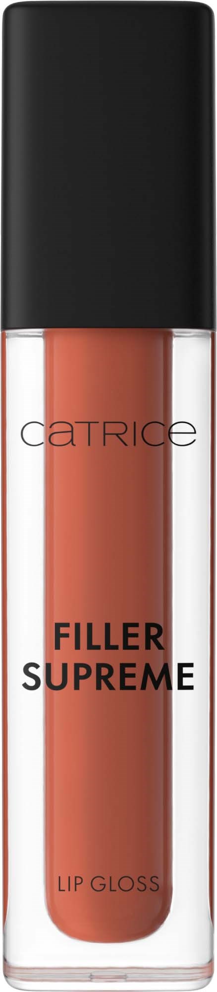Een tube Catrice Filler Supreme lipgloss met een zwarte dop en doorzichtige fles die de perzikkleurige glans toont.