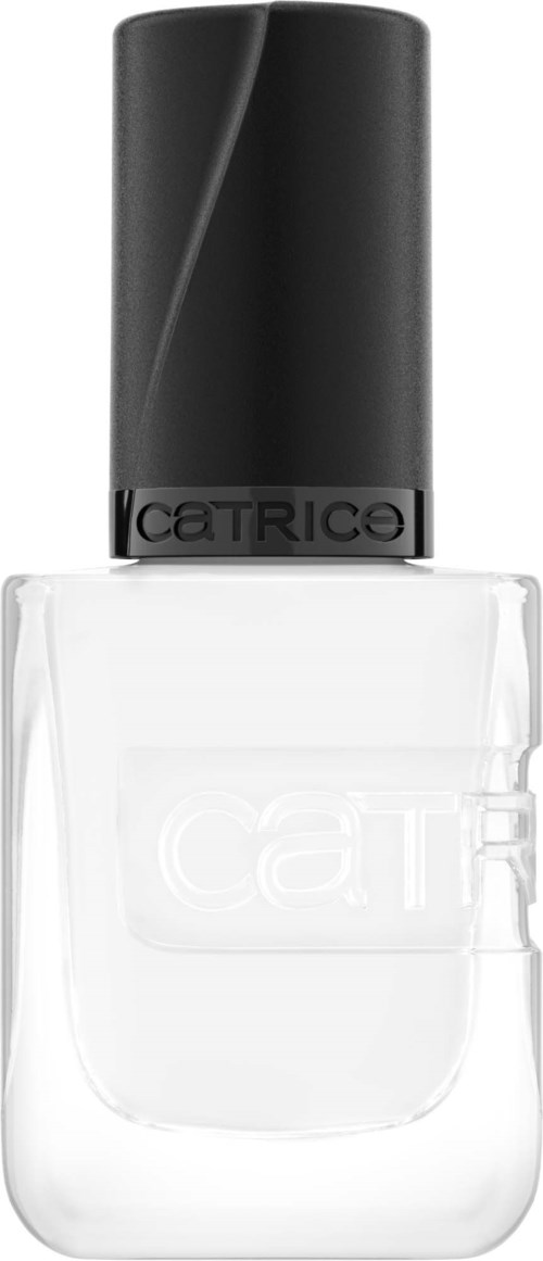 A clear nail polish bottle with a black cap and the brand name 'Catrice' on the label.