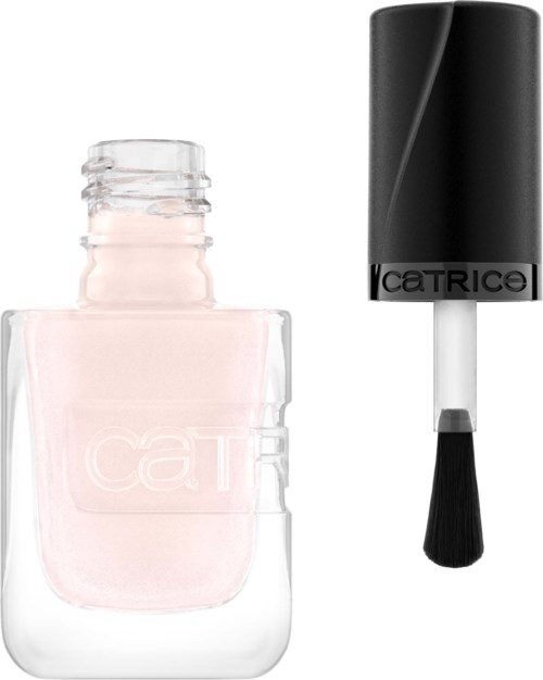A clear bottle with pink nail polish inside, and a black cap with a brush attached for applying nail polish.
