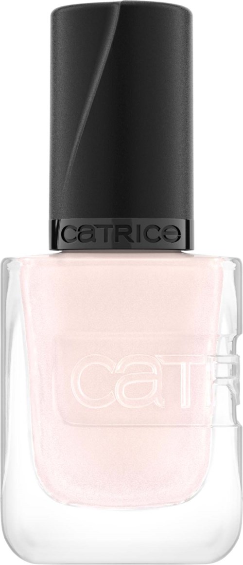 A light pink nail polish bottle with a black cap and the brand name 'Catrice' on it.
