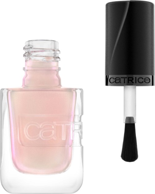 A light pink nail polish bottle and a black brush with a cap, both from Catrice.