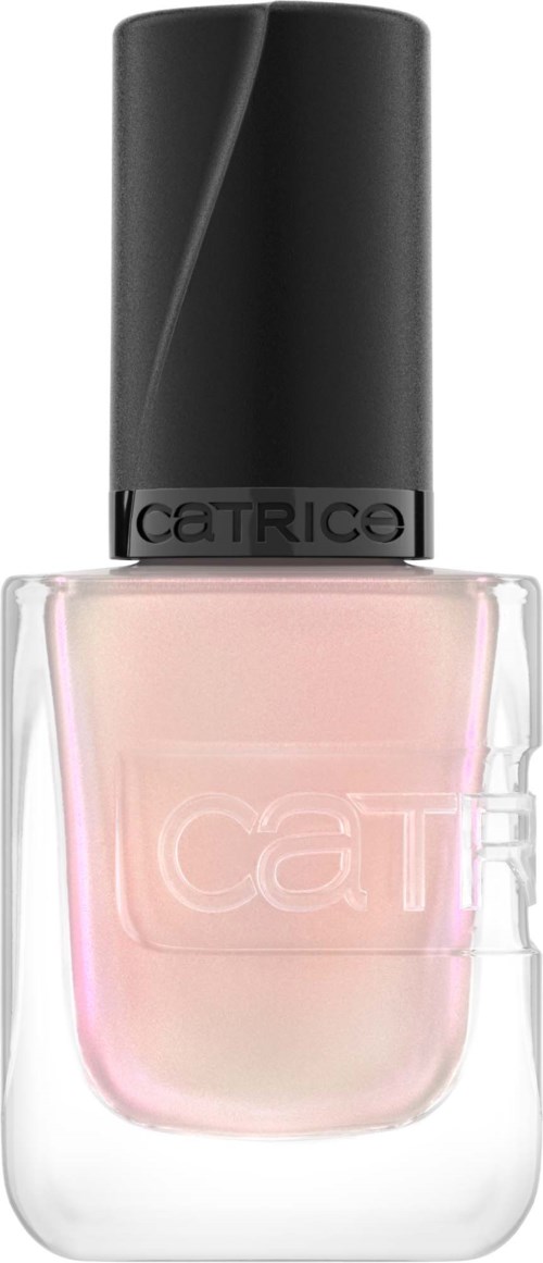 A bottle of light pink nail polish with a black cap and transparent glass showing the polish inside.