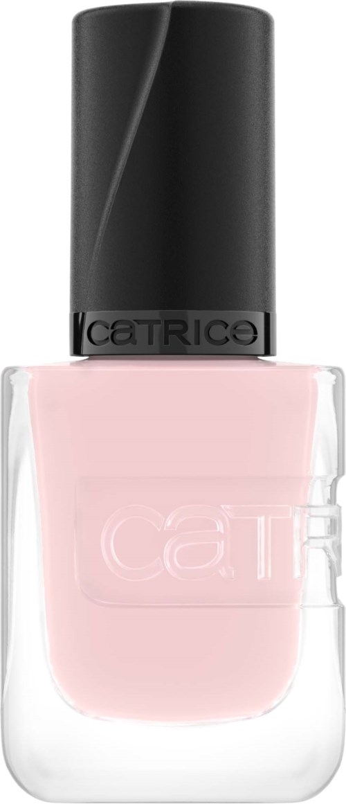 En rosa nagellacksflaska med svart lock och märket CATRICE på locket.