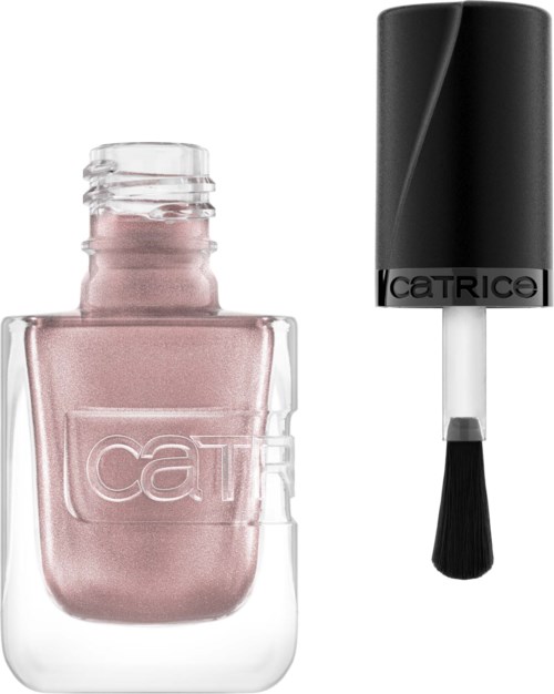 A pink nail polish bottle with a black Catrice-branded cap and brush beside it.