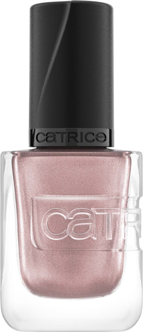 A pinkish nail polish bottle with a black cap, transparent glass showing the color inside.