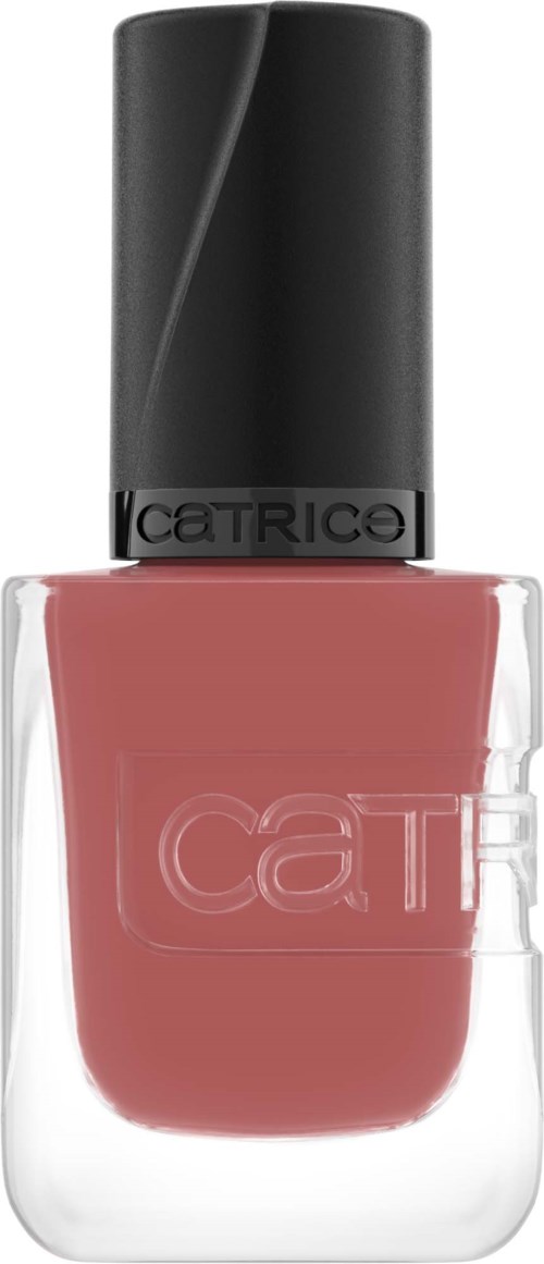 A nail polish bottle with a black cap and dusty pink color in a clear glass container.