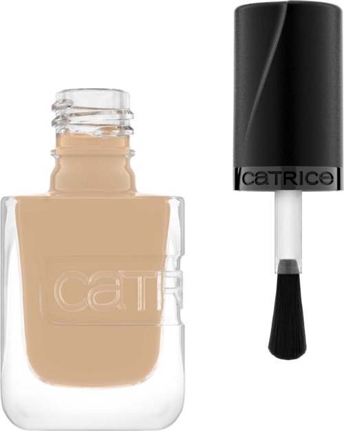 Ett beige nagellack i en tydlig flaska och en svart nagellackspensel med lock.
