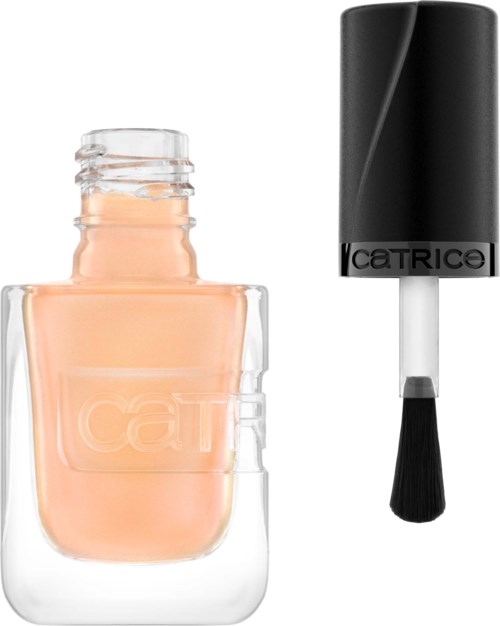 A peach-colored nail polish bottle with a black cap and a brush attached for application.