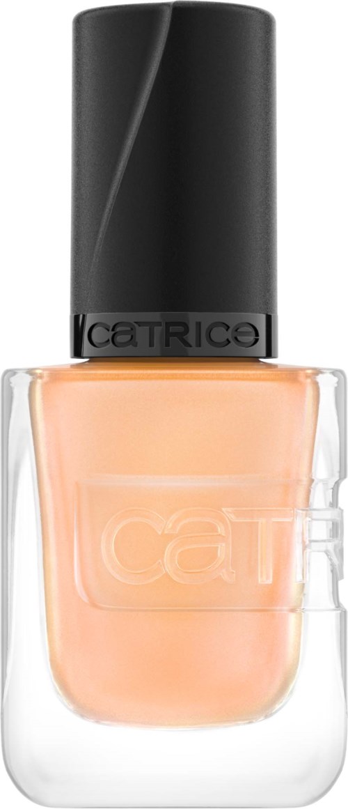 A bottle of beige nail polish with a black cap and the brand name CATRICE on the cap.