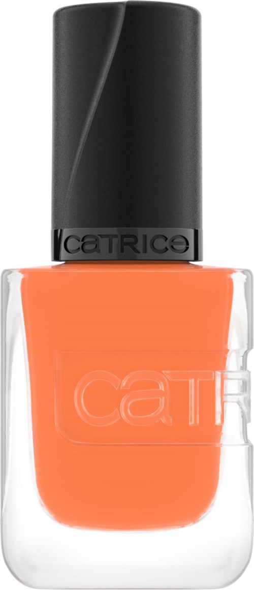 This is a bottle of orange nail polish with a black cap. The brand name is Catrice.