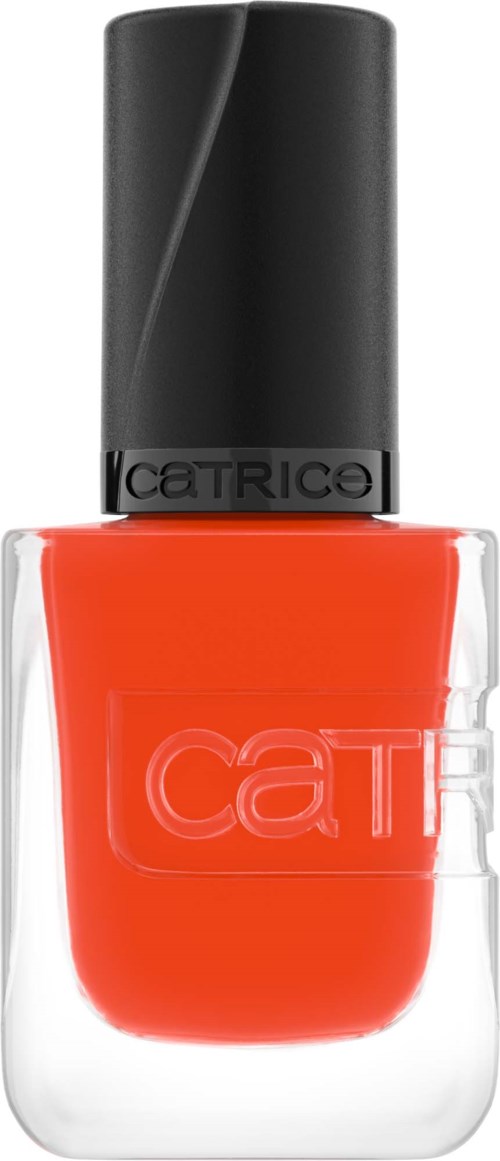 En flaska med orange nagellack med svart lock och genomskinlig glasbehållare.