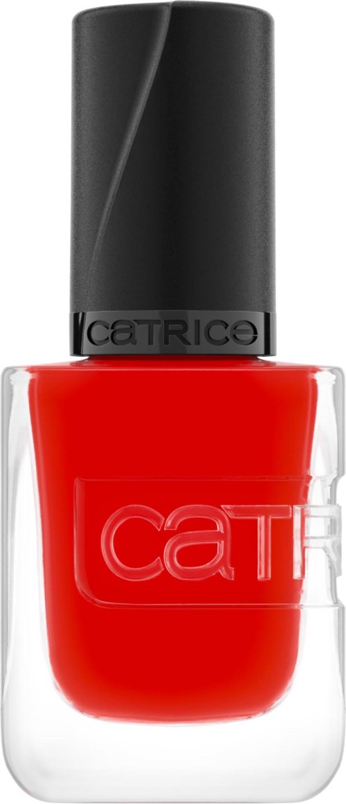 A bottle of red nail polish with a black cap, labeled "CATRICE."