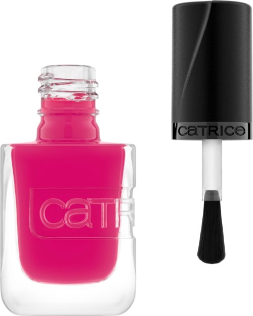 En rosa nagellackflaska med svart lock och pensel bredvid.