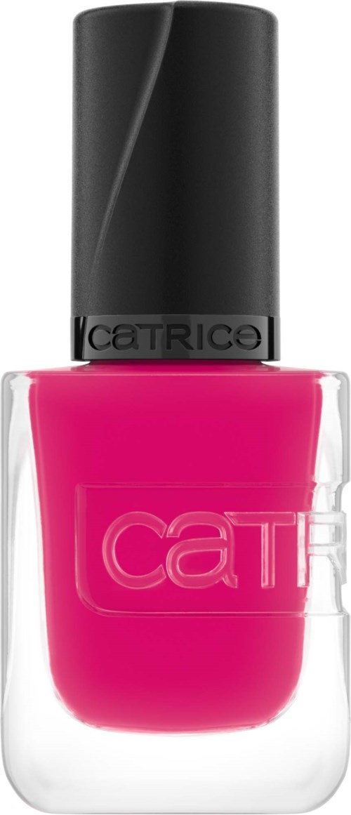 Nagellackflaska i rosa med svart lock och märket CATRICE. Flaskans är genomskinlig och visar den ljusa rosa färgen.