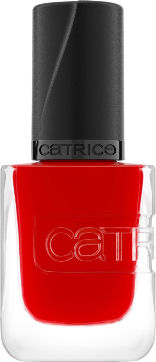 Red nail polish in a clear bottle with a black cap. The brand name CATRICE is on the bottle.