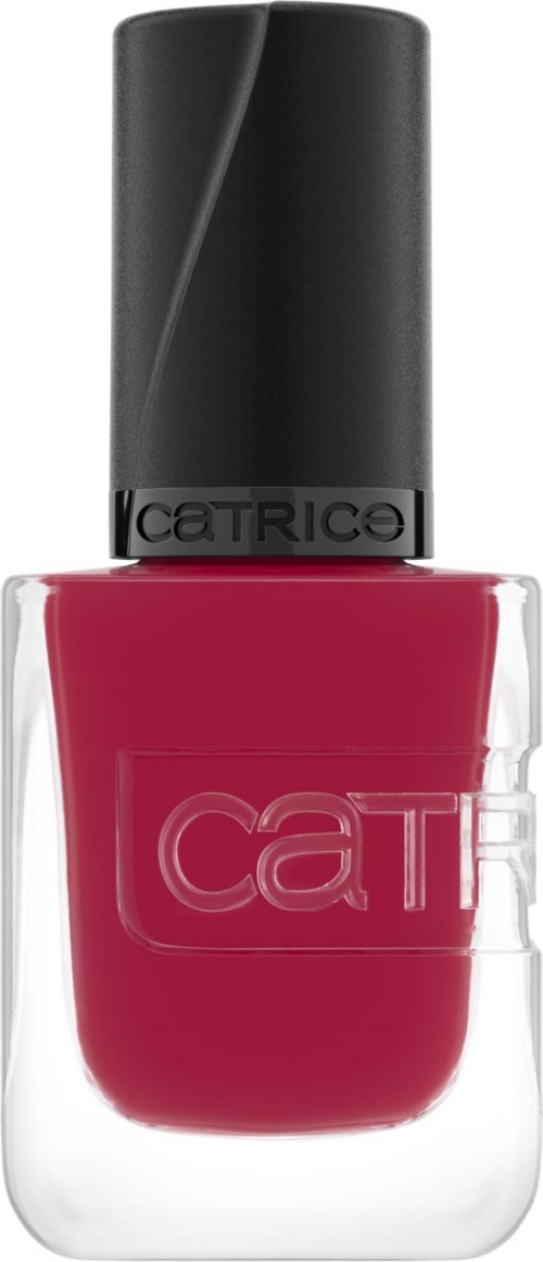 A bottle of red nail polish with a black cap and Catrice brand logo on the cap.