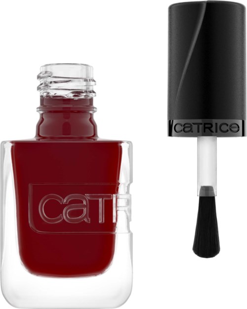 A red nail polish bottle with a black cap and brush outside. The brand name 'Catrice' is visible.